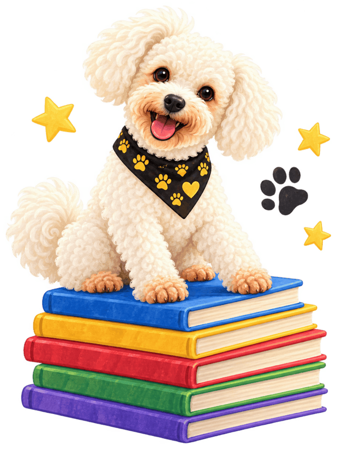 Hines the bichon frise in her black and gold bandana, sitting on a stack of picture books