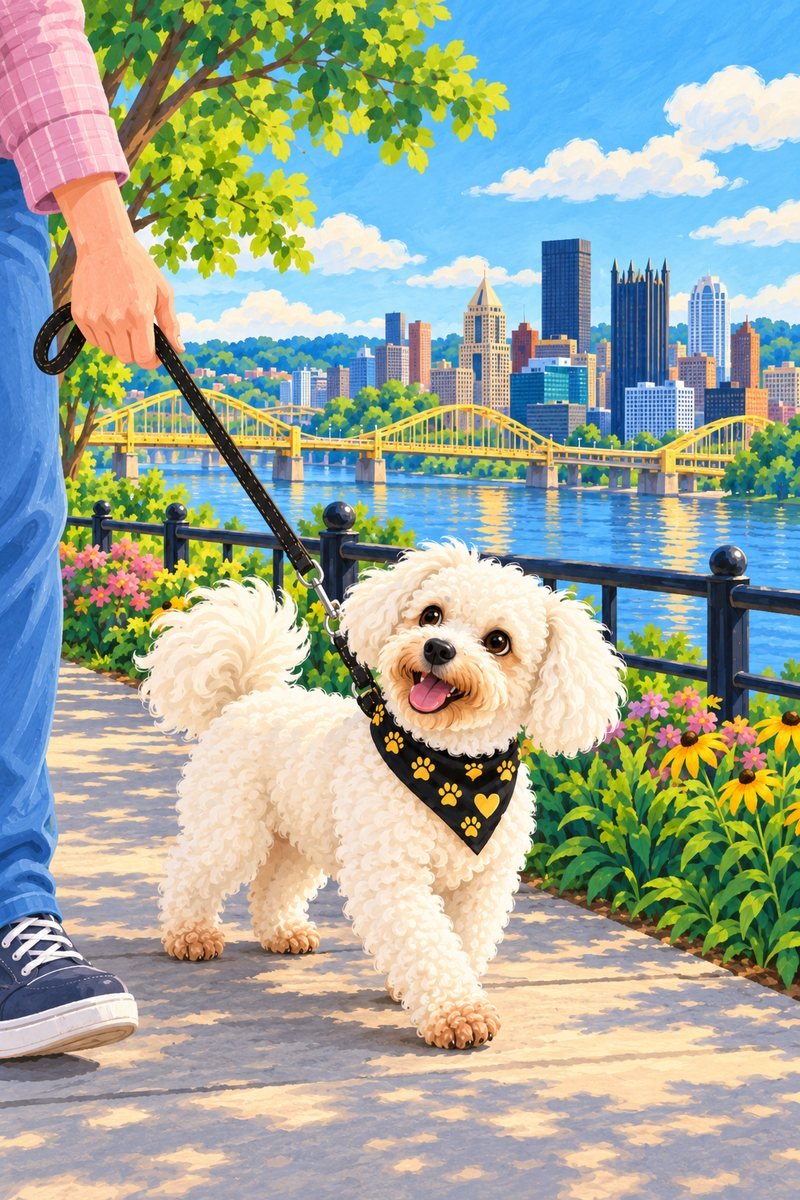 Hines on a leash walking beside her person along a Pittsburgh riverfront